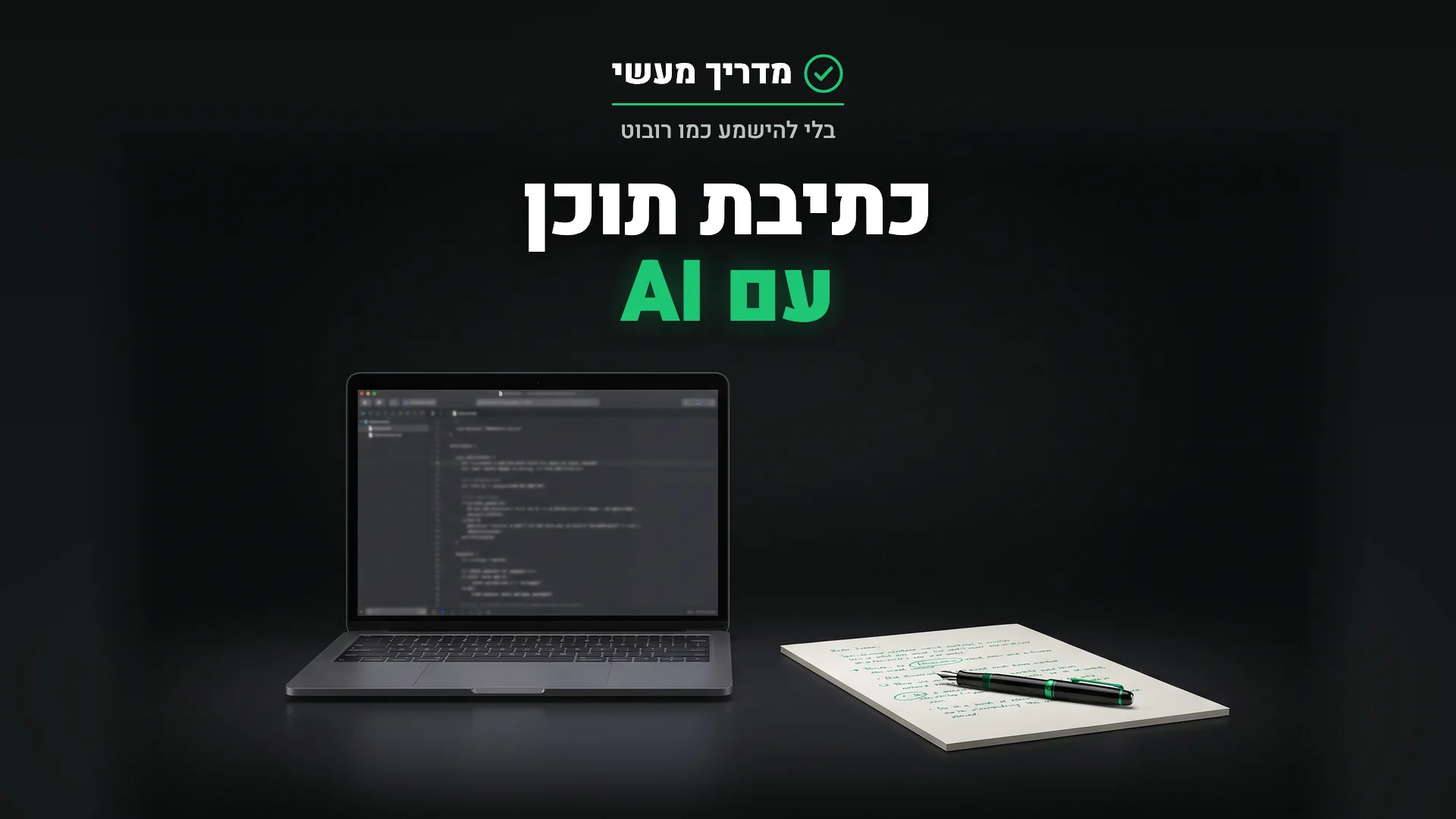 מחשב עם טיוטה ודף מודפס עם תיקונים בעט: כתיבת תוכן עם AI ועריכה אנושית